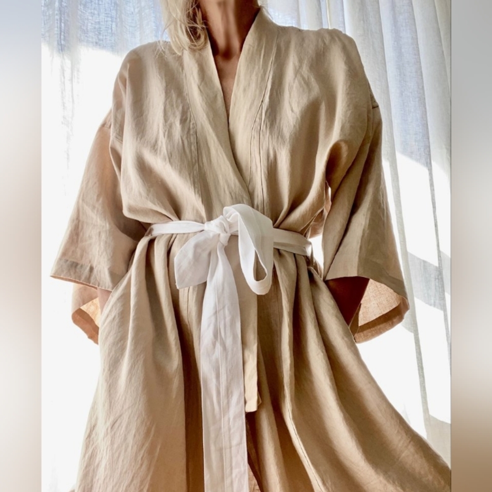 Deiji Studios Pure Linen Oatmeal Color Robe Kimono One Size